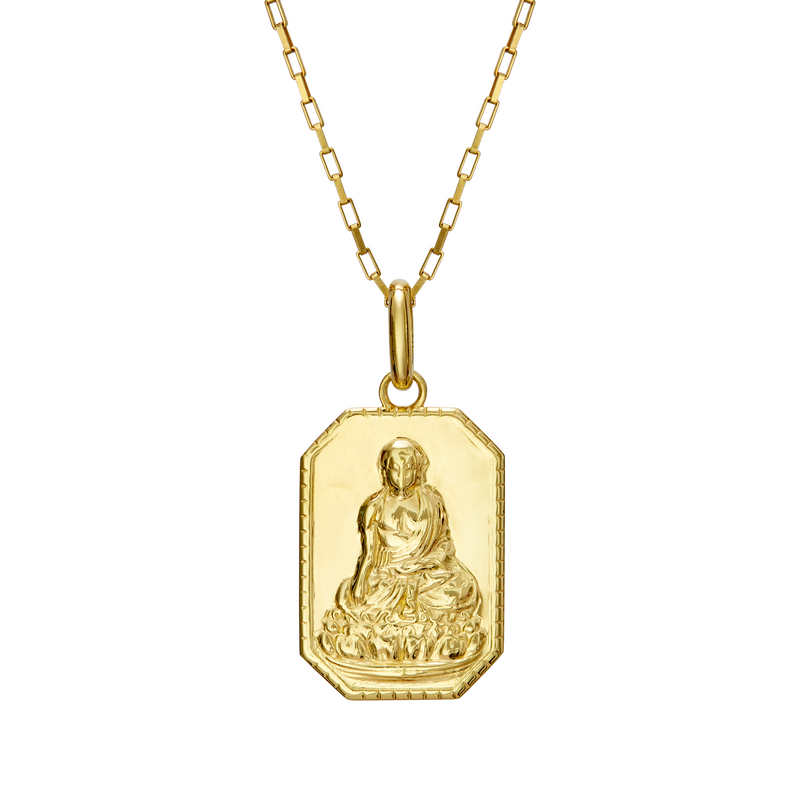 Rectangle buddha pendant necklace // Gold