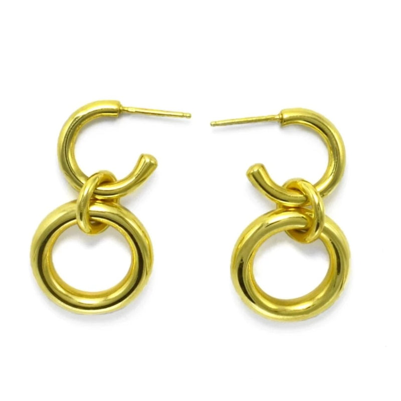 Lightweight Sterling Silver gold plated hollow double hoop earrings with dangle small // Gold