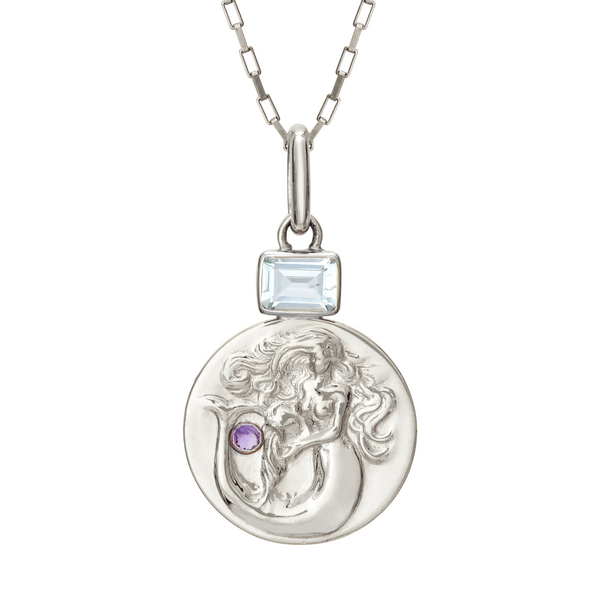 Aquarius coin pendant with Aquamarine and Amethyst Birthstones // Silver