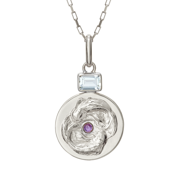 handmade pisces coin pendant necklace with aquamarine and amethyst // Silver