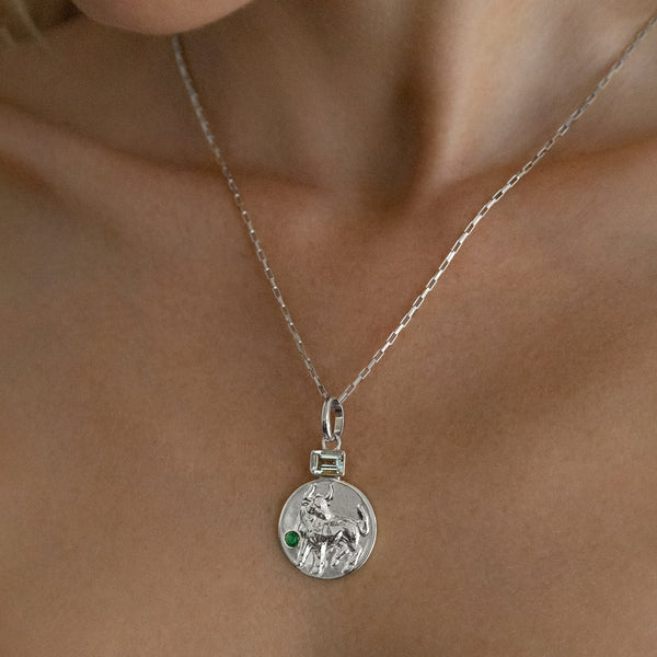 Taurus coin pendant with aquamarine and emerald birthstones // Silver