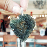 Large Raw Moldavite Sterling Silver Pendant in a heart shape 21.5 gr 