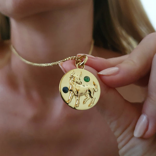 Taurus Gold Necklace with Birthstones, Shiny Zodiac Necklace, Horoscope Necklace, Astrology Gift, Art Jewelry, Trending Now, Popular now // Gold
