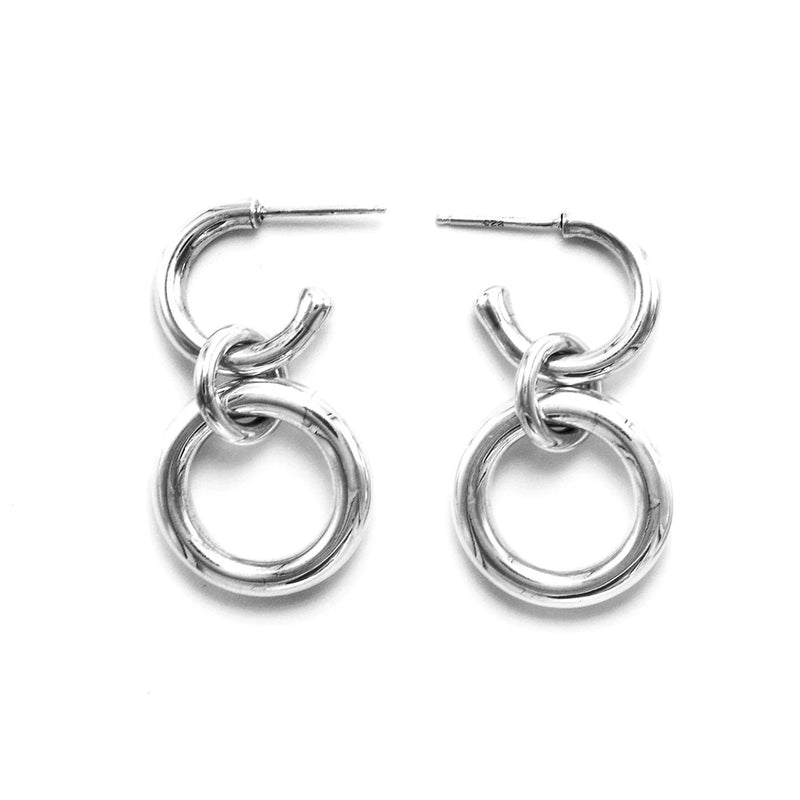 Lightweight Sterling Silver hollow double hoop earrings with dangle small // Silver