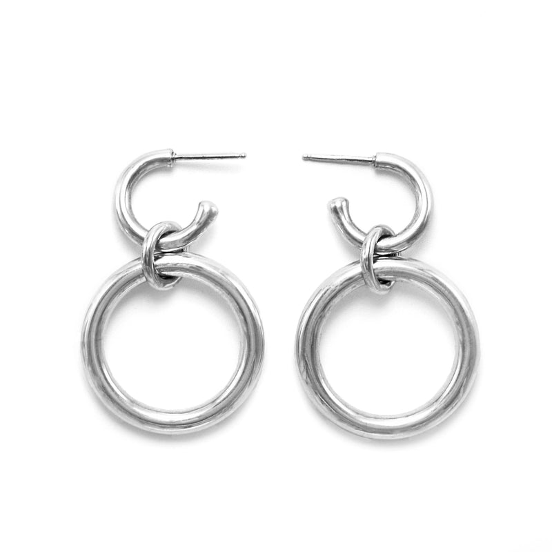 Lightweight Sterling Silver hollow double hoop earrings with dangle big // Silver