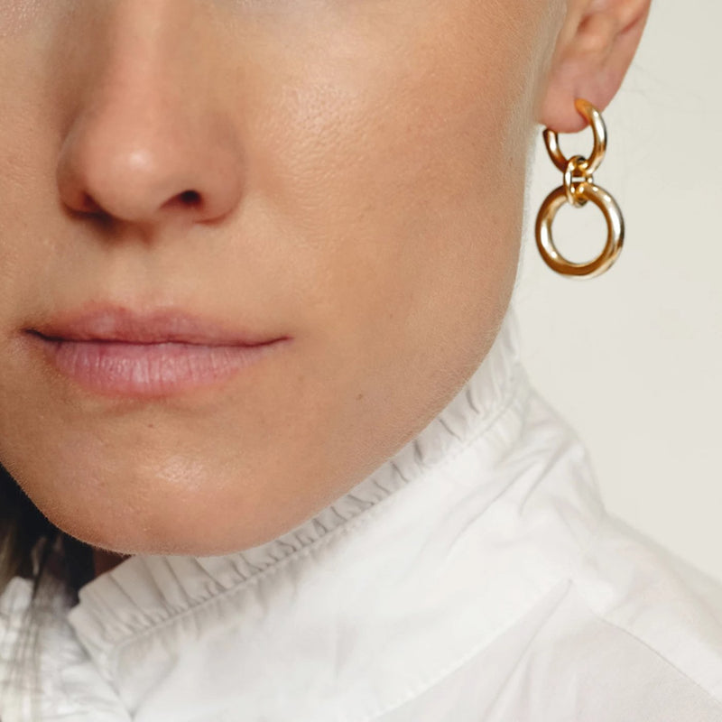 Lightweight Sterling Silver hollow double hoop earrings gold plated with dangle small // Gold