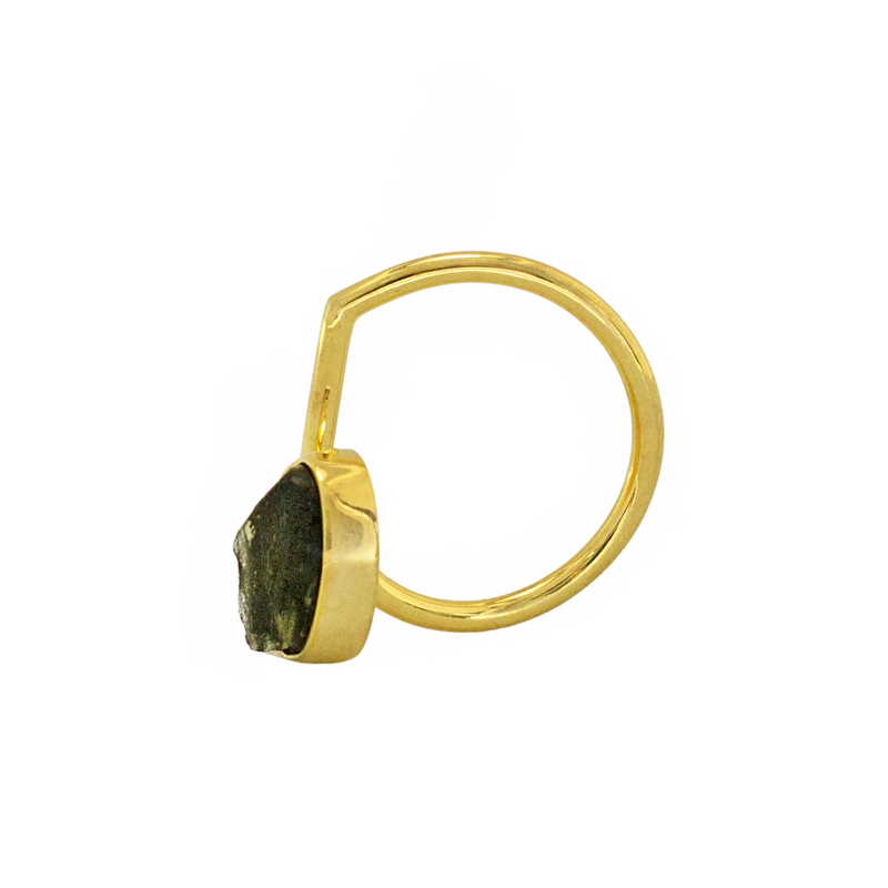 Adjustable raw Moldavite ring gold vermeil