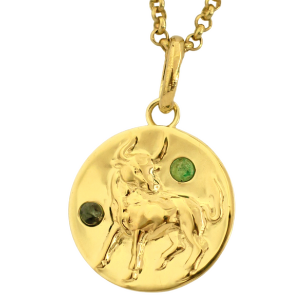 Shiny Taurus Coin Necklace with Birthstones, Gold Zodiac Necklace, Bull Pendant for Women, Personalized Birthday Gift, Best Selling Now // Gold