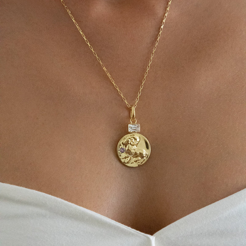 Aries coin pendant necklace with zircon and amethyst birthstones // Gold