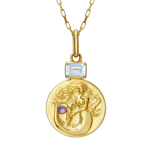 Aquarius coin pendant with Aquamarine and Amethyst Birthstones // Gold
