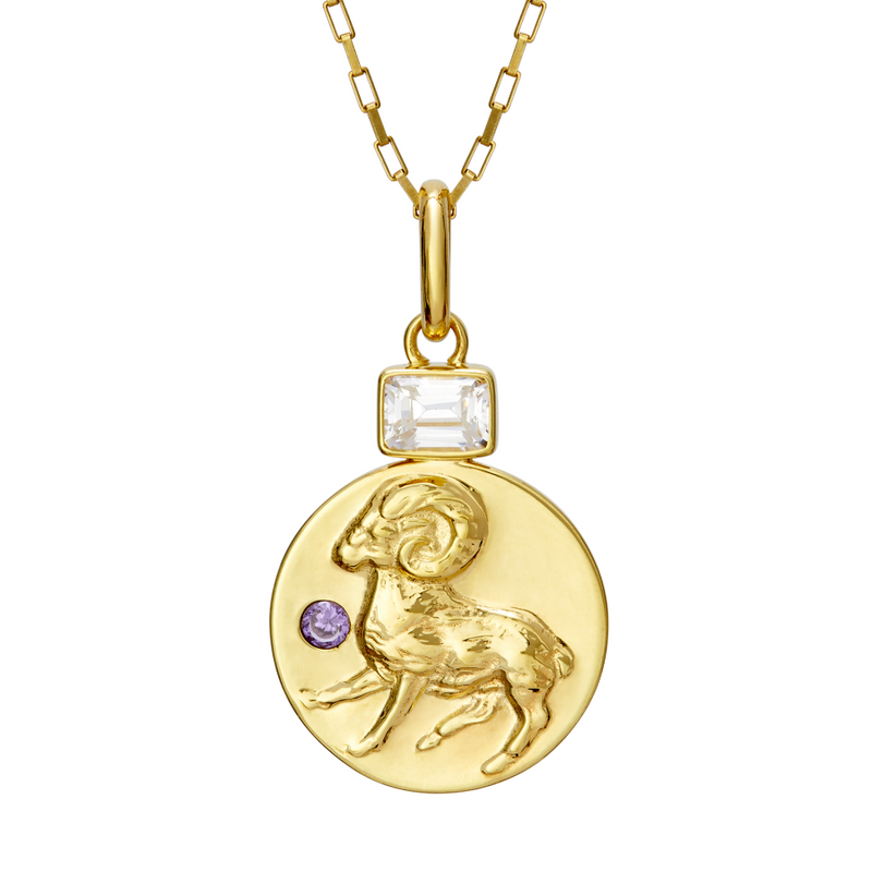 Aries coin pendant necklace with zircon and amethyst birthstones // Gold