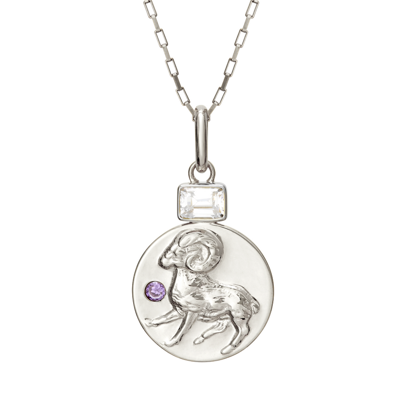 Aries coin pendant necklace with zircon and amethyst birthstones // Silver