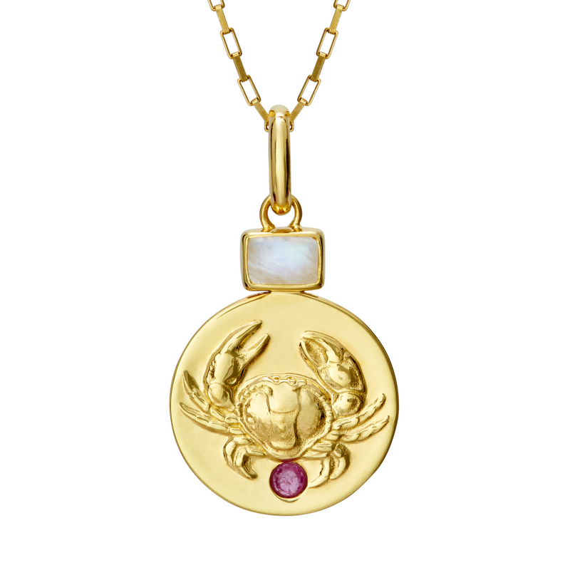cancer zodiac coin pendant necklace with rainbow moonstone and ruby birthstones // Gold