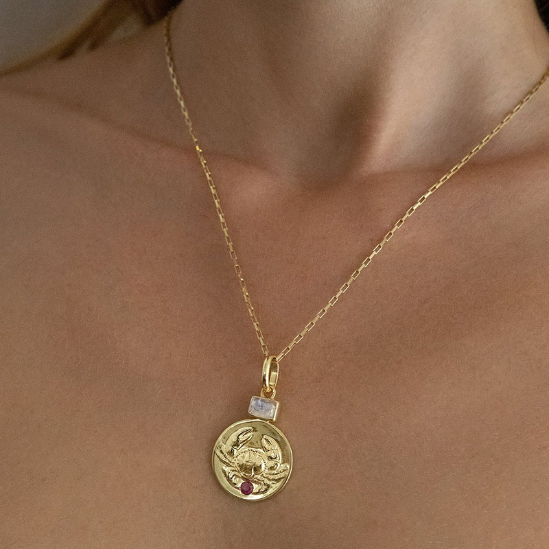 cancer zodiac coin pendant necklace with rainbow moonstone and ruby birthstones // Gold
