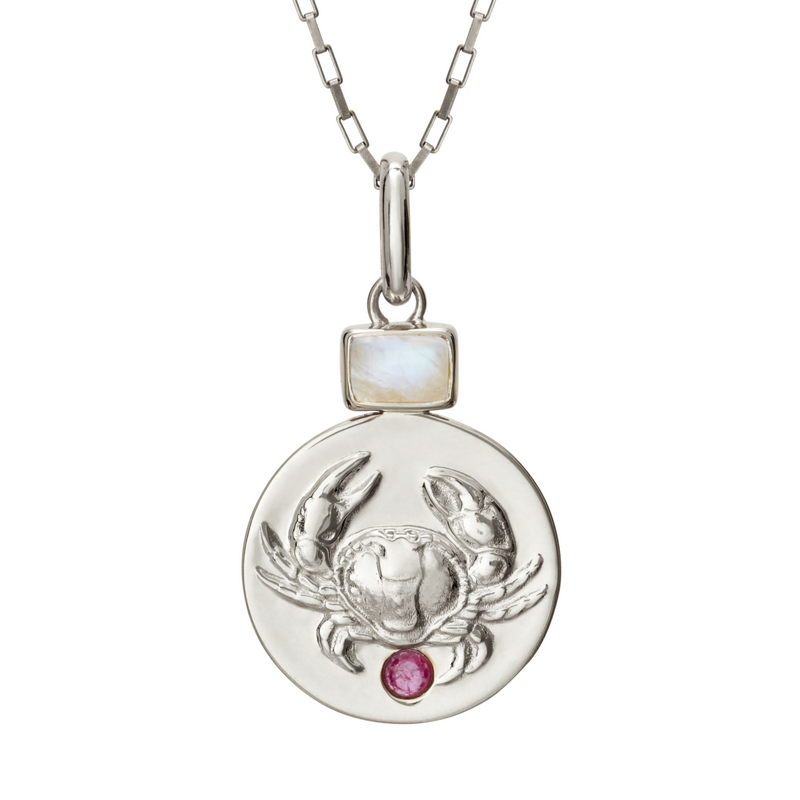 cancer zodiac coin pendant necklace with rainbow moonstone and ruby birthstones // Silver