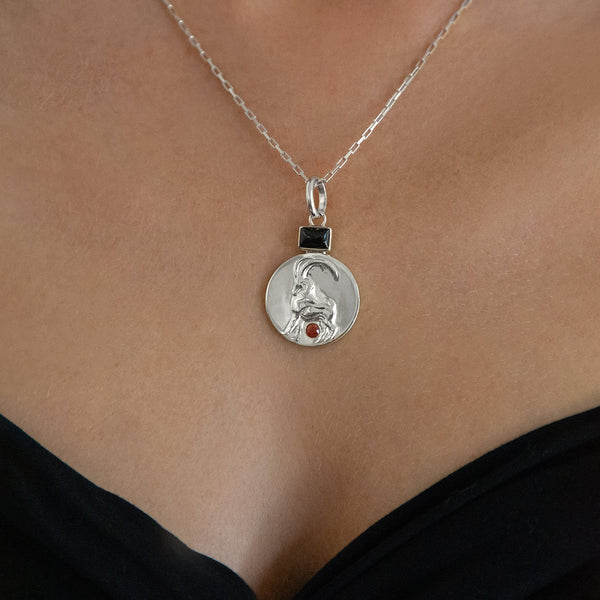 Capricorn Coin Pendant Necklace // Silver