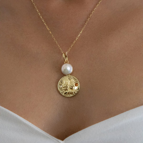 gemini coin pendant necklace with freshwater pearl, rainbow moonstone and citrine birthstones // Gold