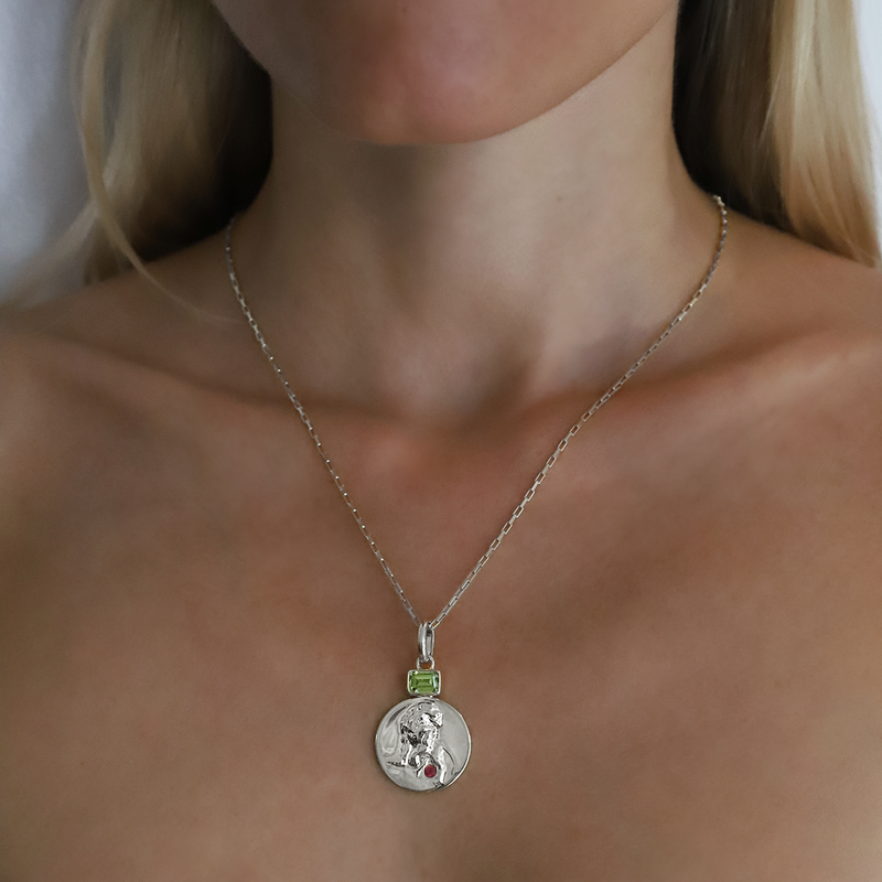 leo coin pendant with peridot and ruby birthstones // Silver