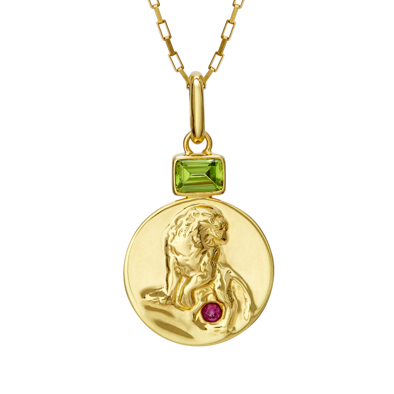 leo coin pendant with peridot and ruby birthstones // Gold