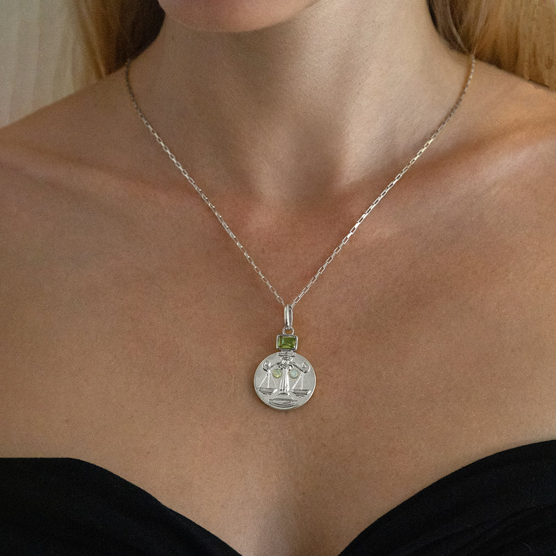 Sterling Silver Libra Coin Pendant with Birthstones // Silver 