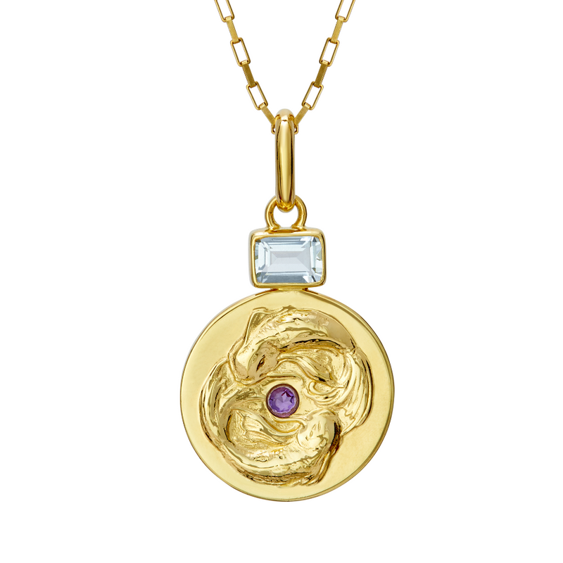 handmade pisces coin pendant necklace with aquamarine and amethyst // Gold