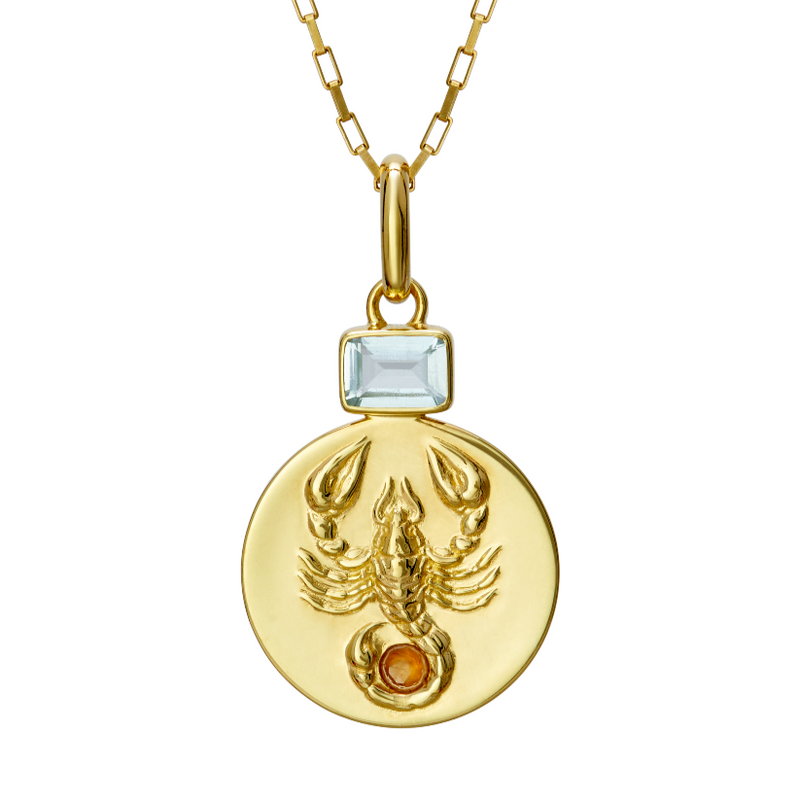 Scorpio coin pendant Necklace with Birthstones Aquamarine and Citrine // Gold