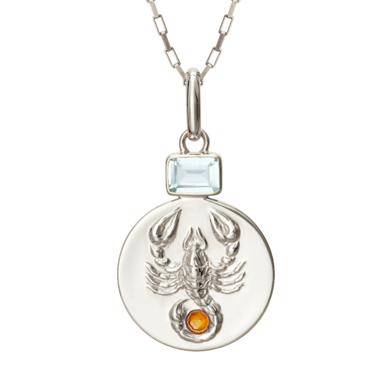 Scorpio coin pendant Necklace with Birthstones Aquamarine and Citrine // Silver