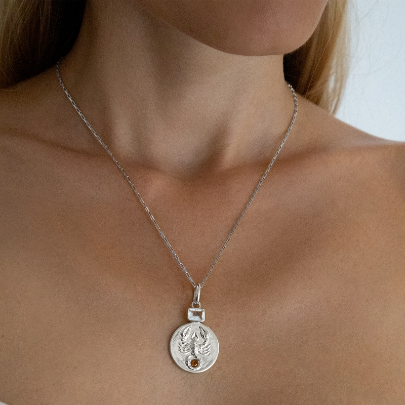 Scorpio coin pendant Necklace with Birthstones Aquamarine and Citrine // Silver
