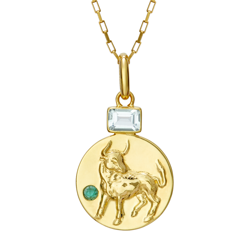 Taurus coin pendant with aquamarine and emerald birthstones // Gold
