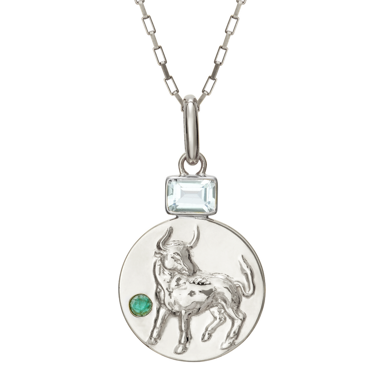 Taurus coin pendant with aquamarine and emerald birthstones // Silver