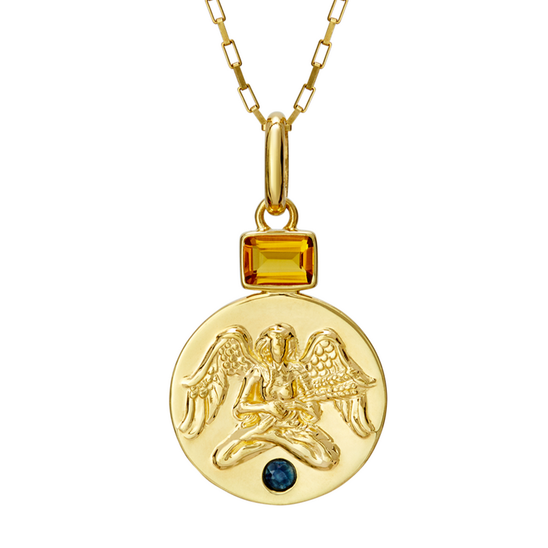 Virgo coin pendant with citrine and sapphire birthstones // Gold