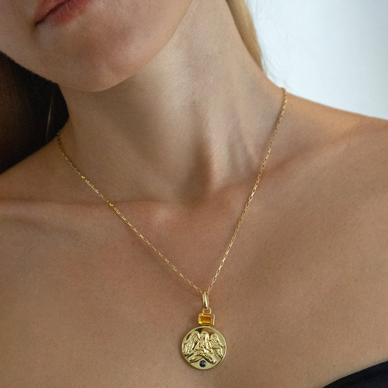 Virgo coin pendant with citrine and sapphire birthstones // Gold