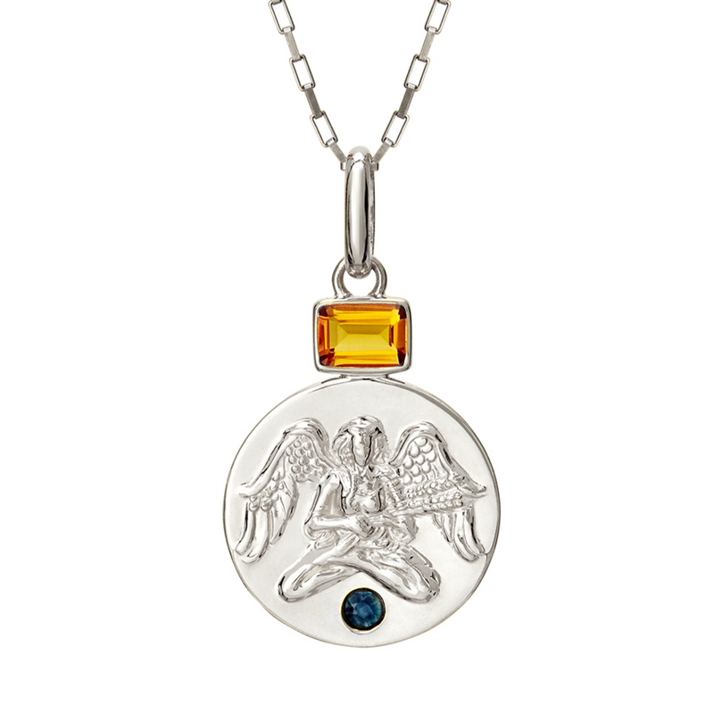 Virgo coin pendant with citrine and sapphire birthstones // Silver